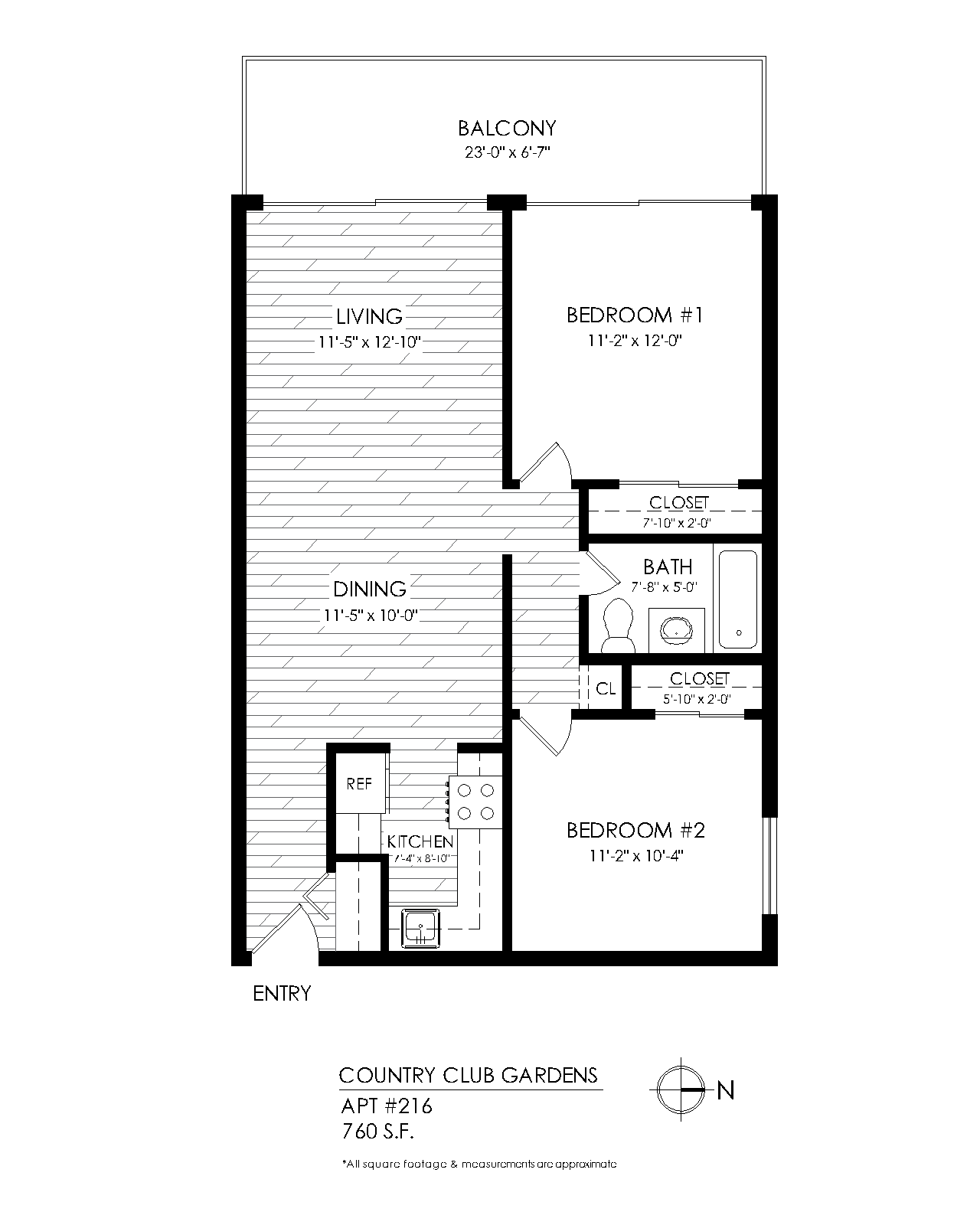 Floor plan for 2 beds, 1 bath, 760 sqft